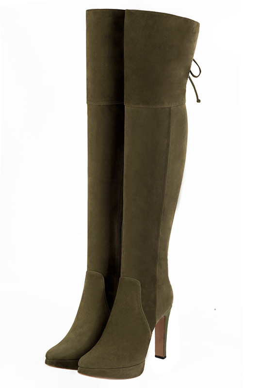 Khaki green women's leather thigh-high boots. Tapered toe. Very high slim heel with a platform at the front. Made to measure - Florence KOOIJMAN